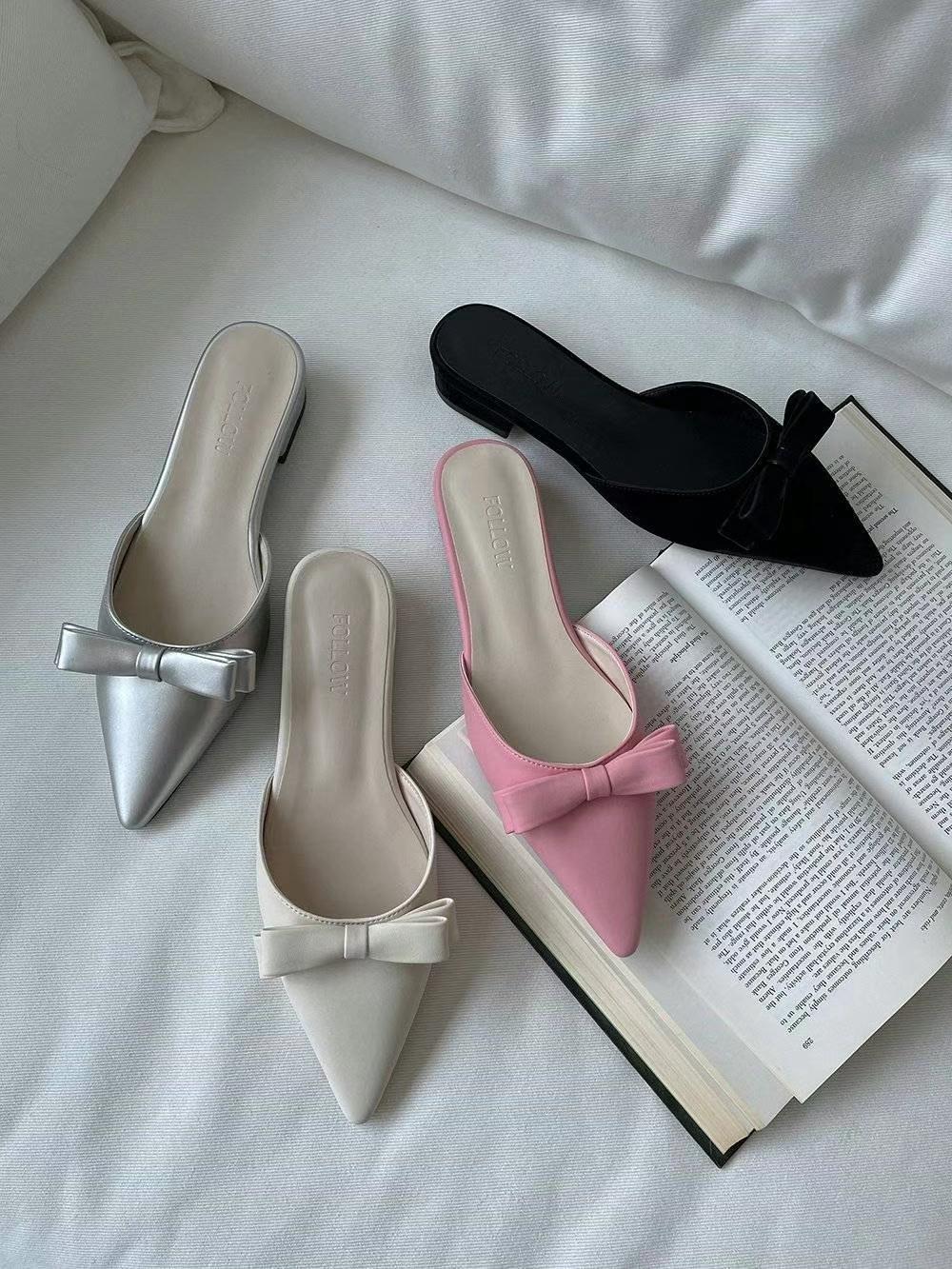 Pointed-toe Ribbon Mules *4 Colors