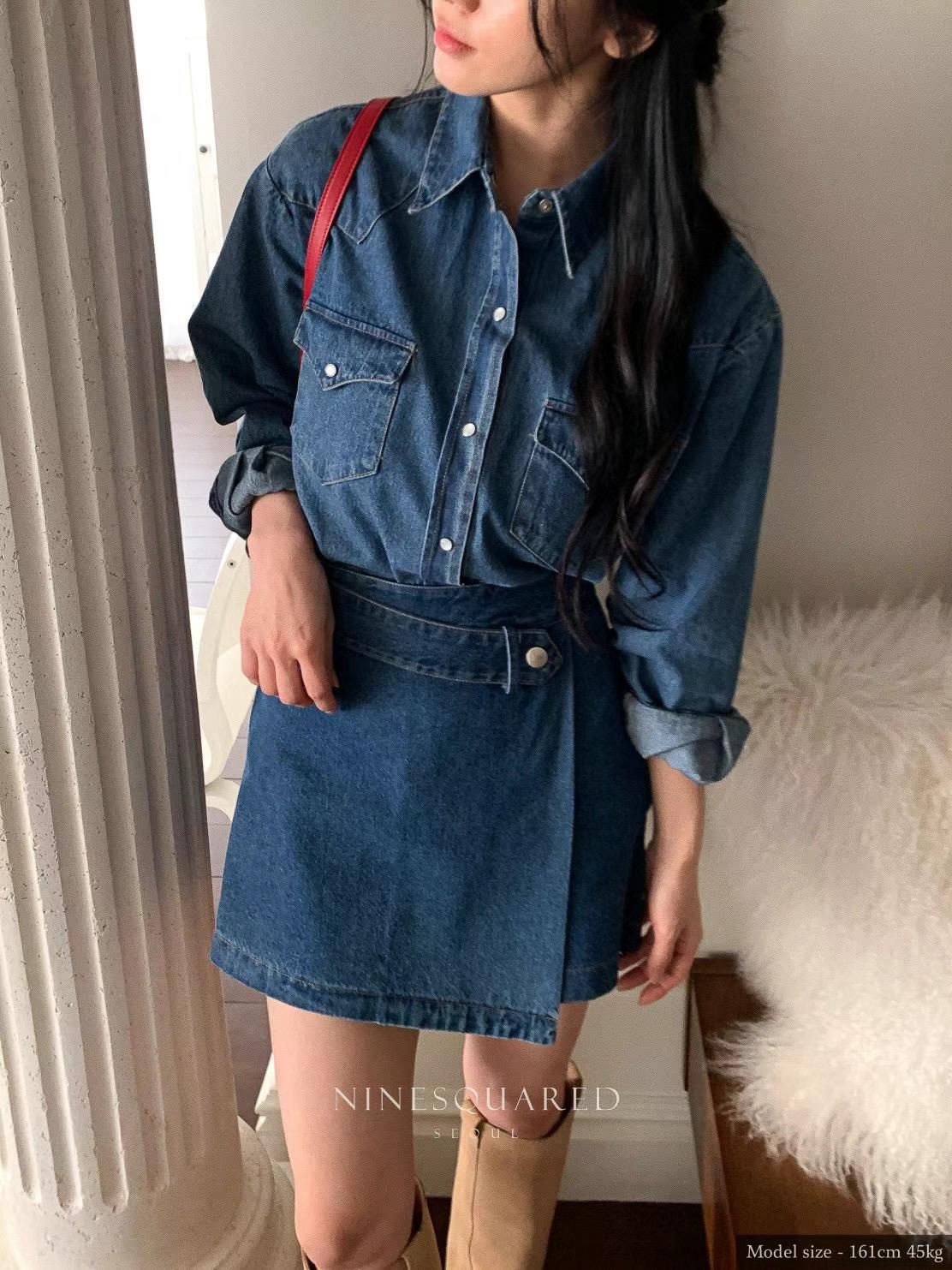 Denim Long-Sleeved Shirt & Skirt Set *2 Colors (Sold Separately)