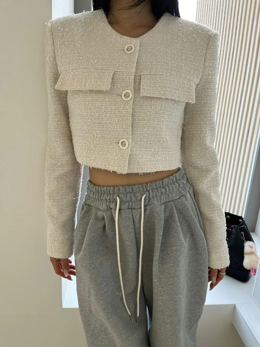 Long-sleeved Cropped Tweed Jacket *3 Colors