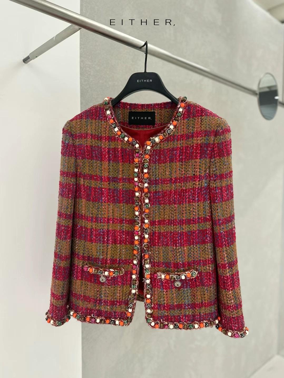 Beaded Trim Wool Blend Plaid Jacket *2 Colors