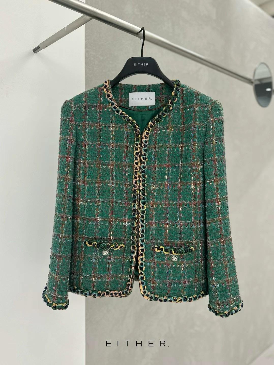 Beaded Trim Wool Blend Plaid Jacket *2 Colors