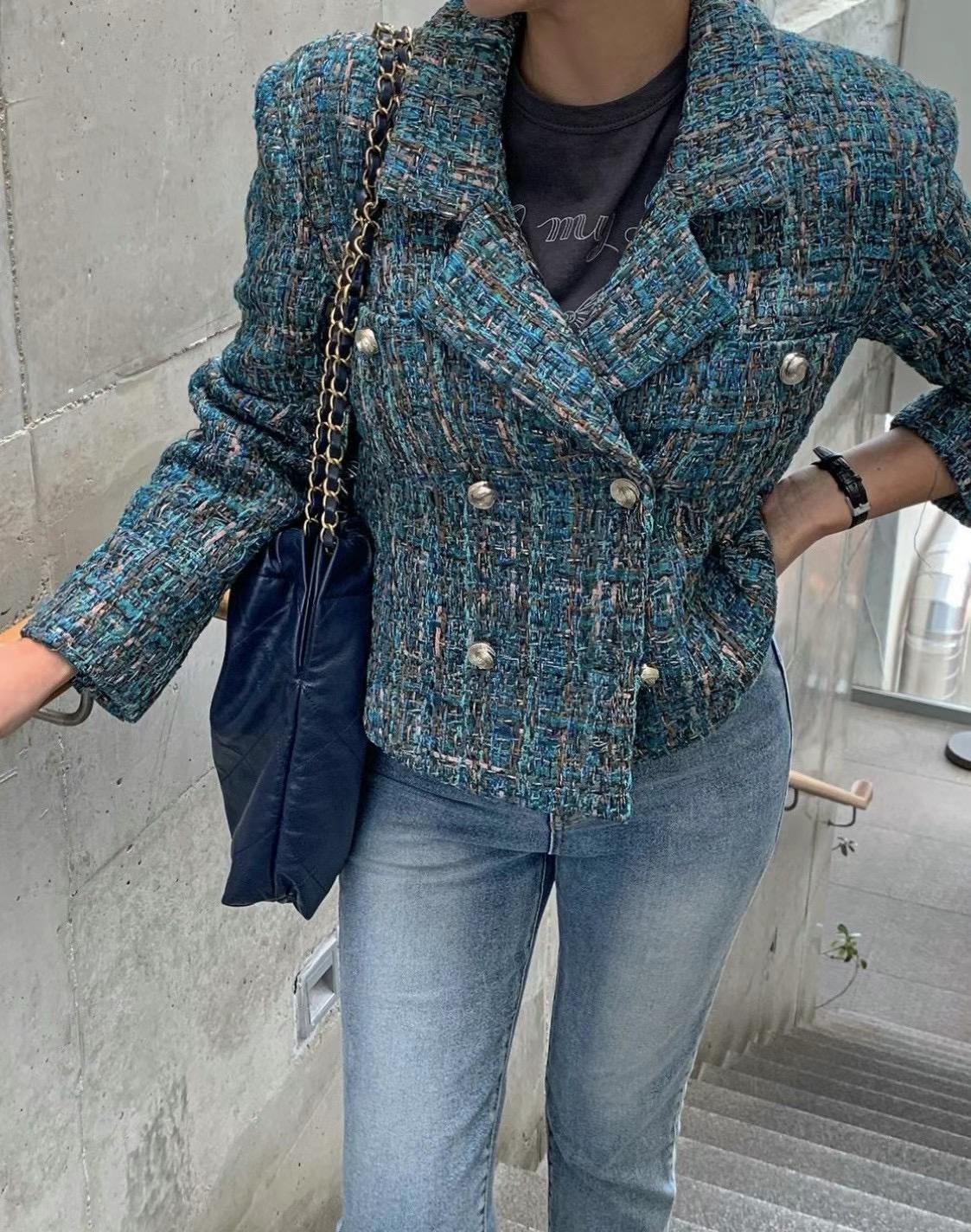 Double-breasted Tweed Plaid Jacket *2 Colors