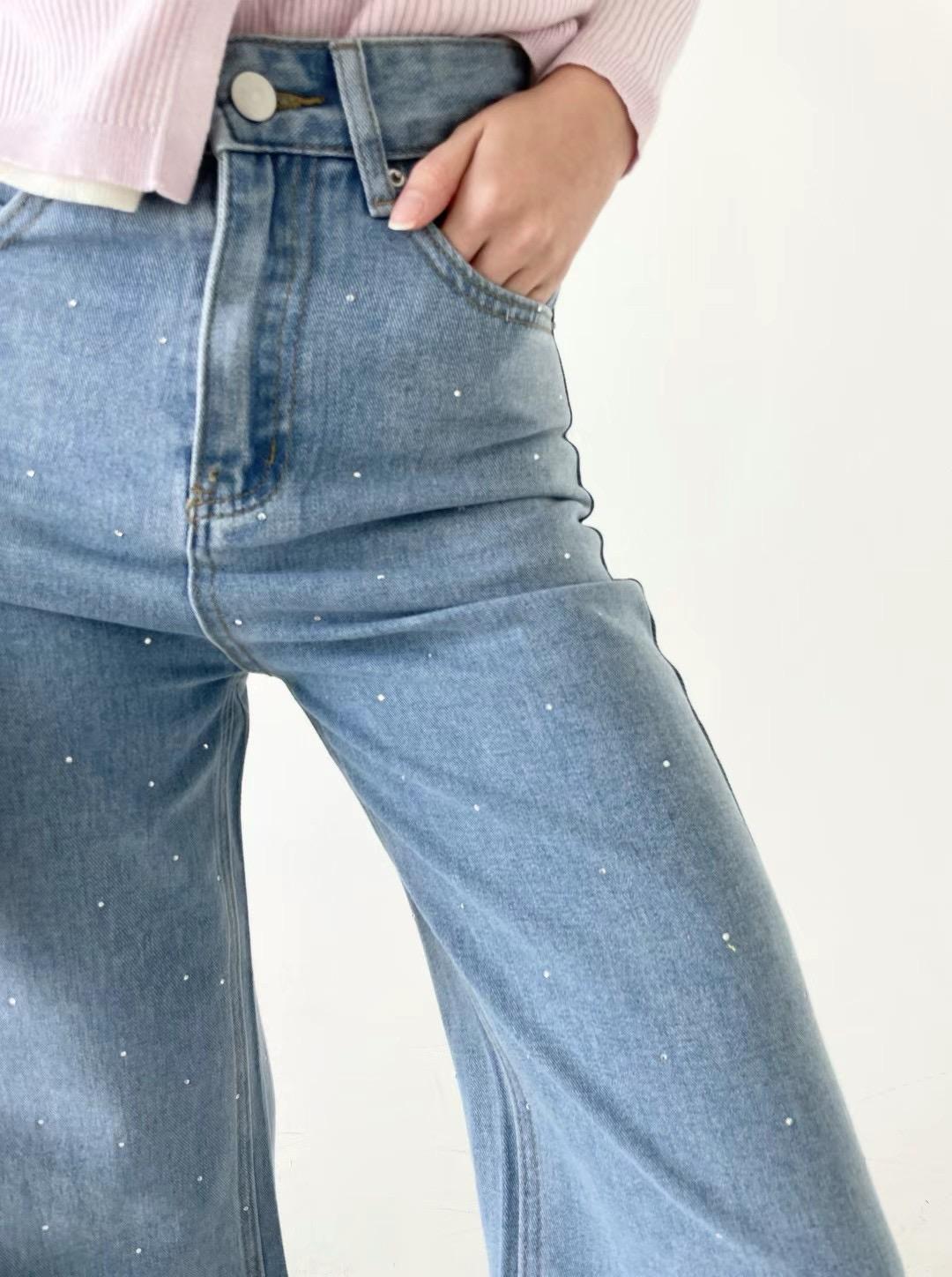 High-waist Dotted Rhinestone Wide Leg Denim Jeans