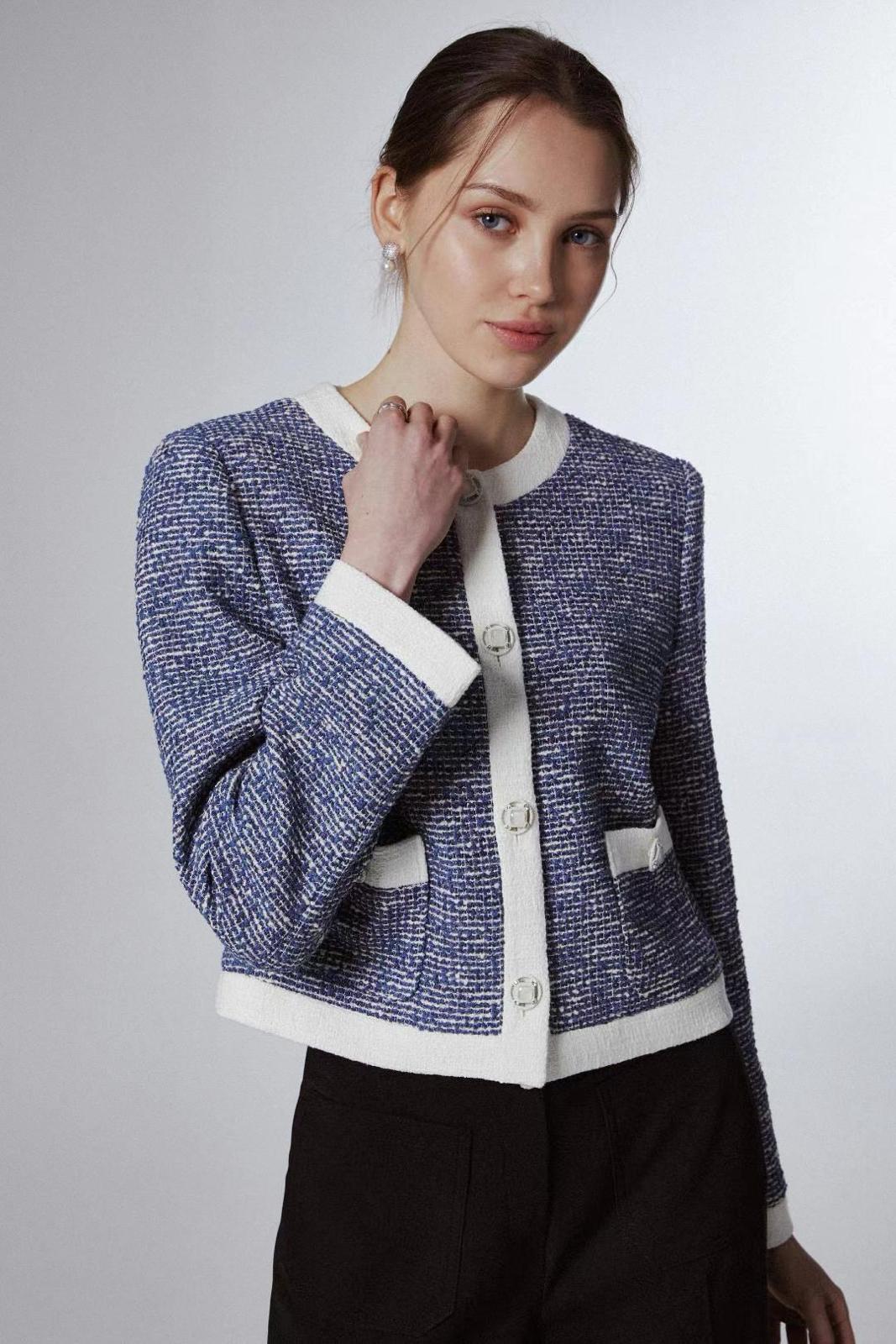 Contrast-trim Long Sleeved Tweed Cardigan *2 Colors