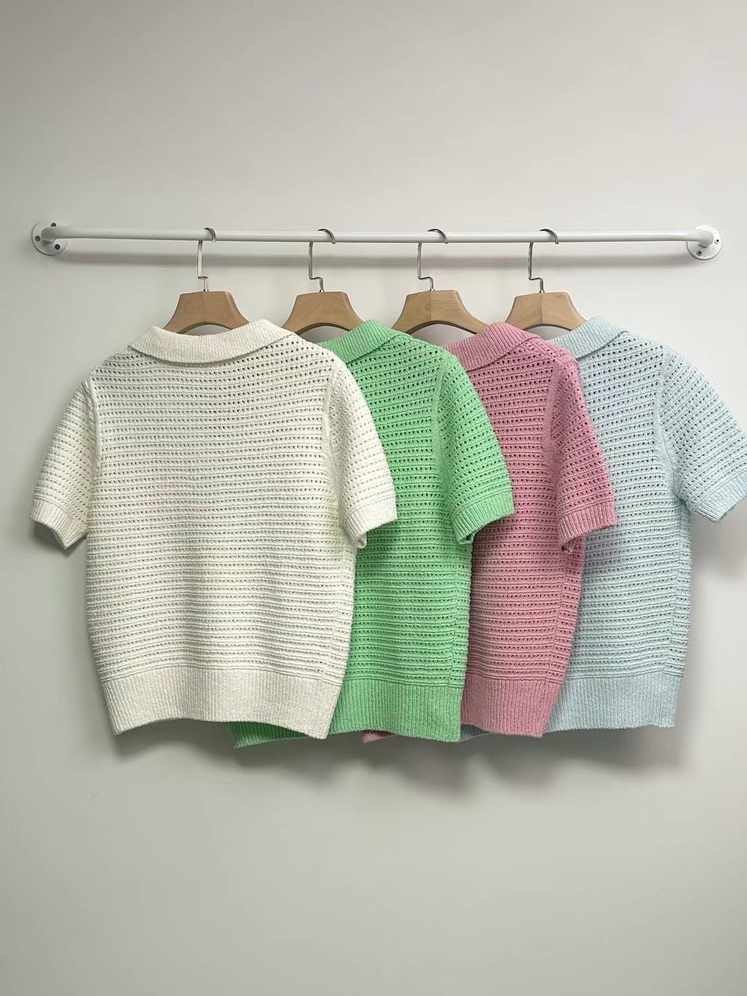 Collared Short Sleeves Crochet T-shirt *4 Colors