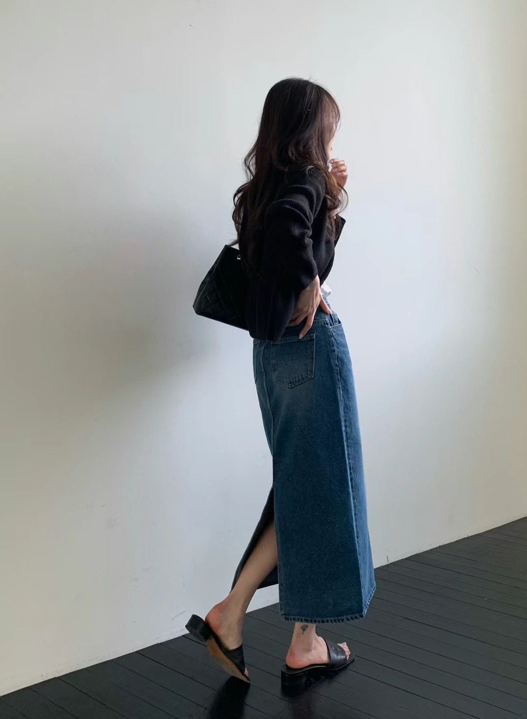 High-waisted Slit Denim Maxi Skirt *2 Colors