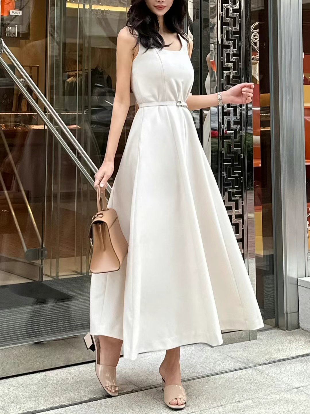 Sleeveless Square-neck Maxi Dress w/ Belt