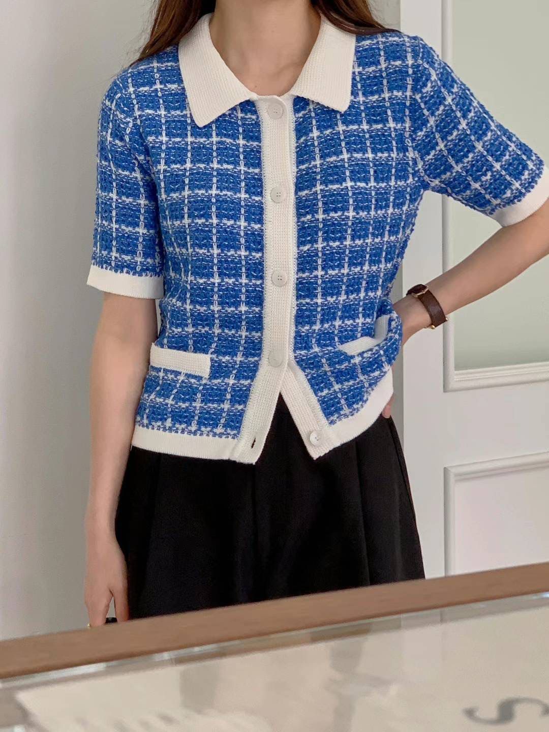 Short Sleeved Knitted Plaid Cardigan *3 Colors