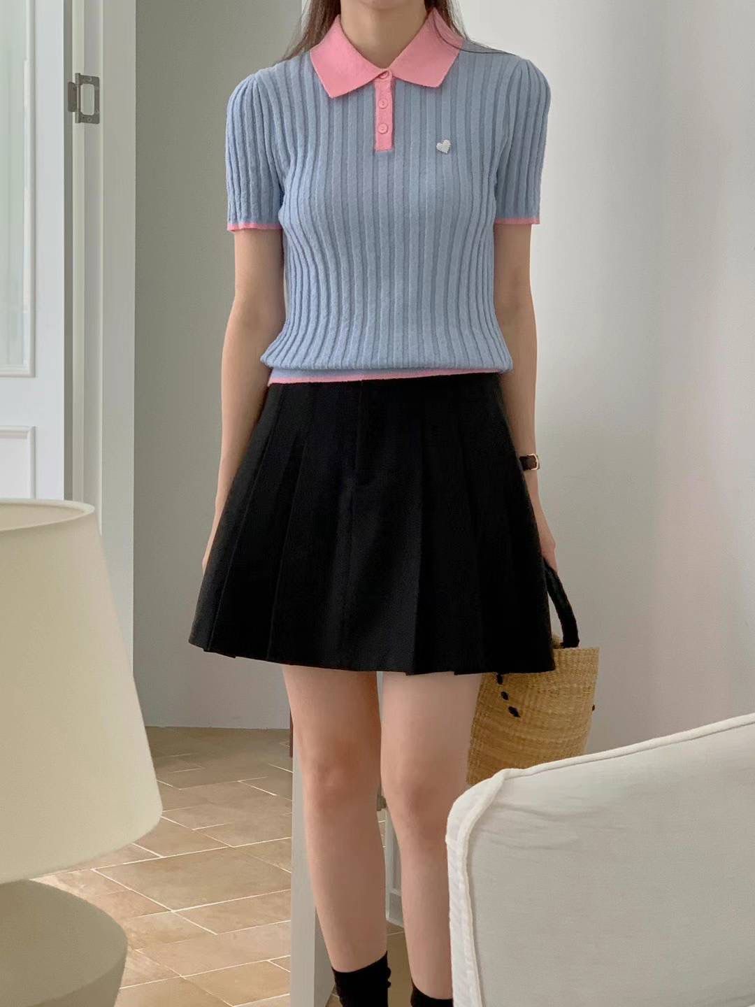 Collared Ribbed Knit Short Sleeved Top *3 Colors