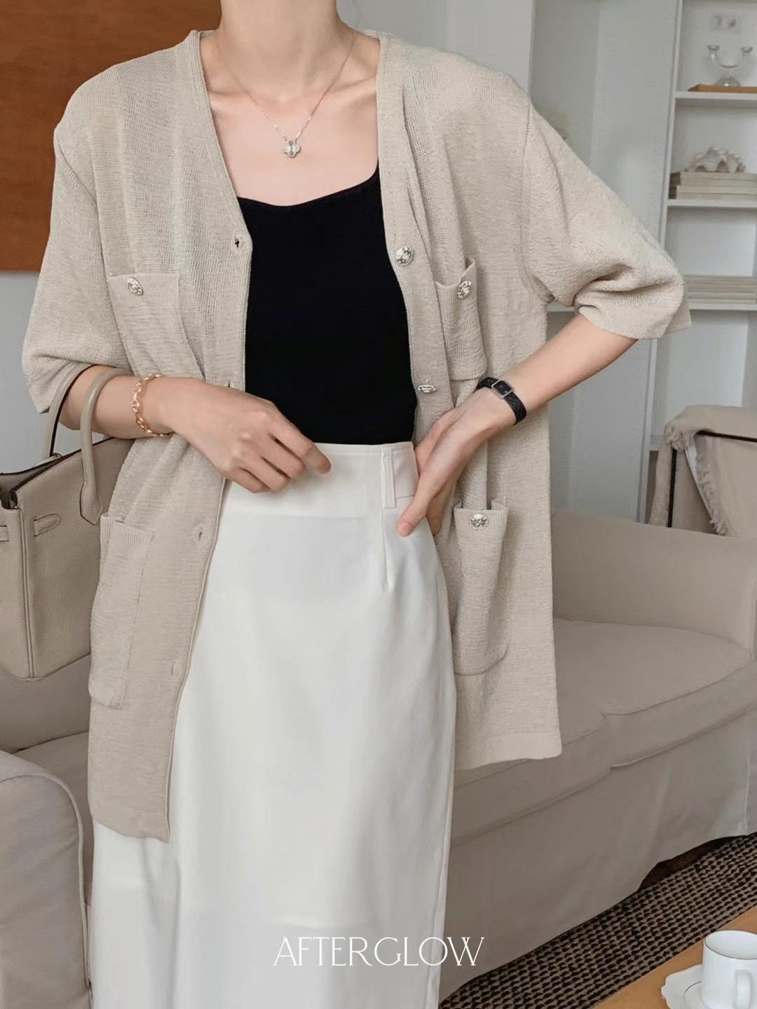 V-neck Short Sleeved Knitted Long Cardigan