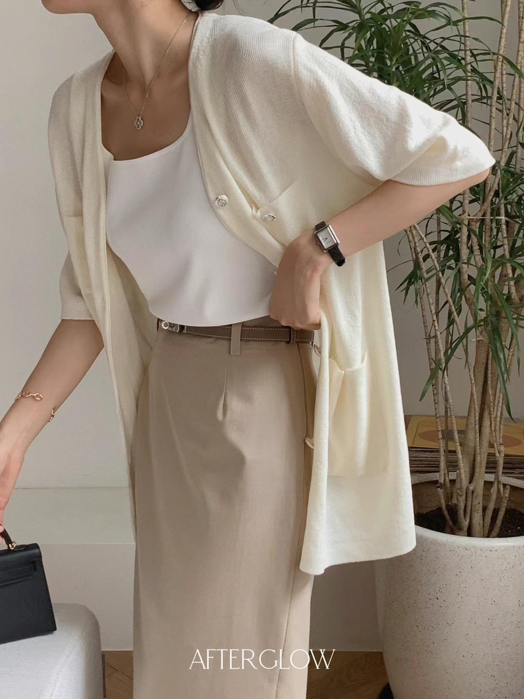 V-neck Short Sleeved Knitted Long Cardigan