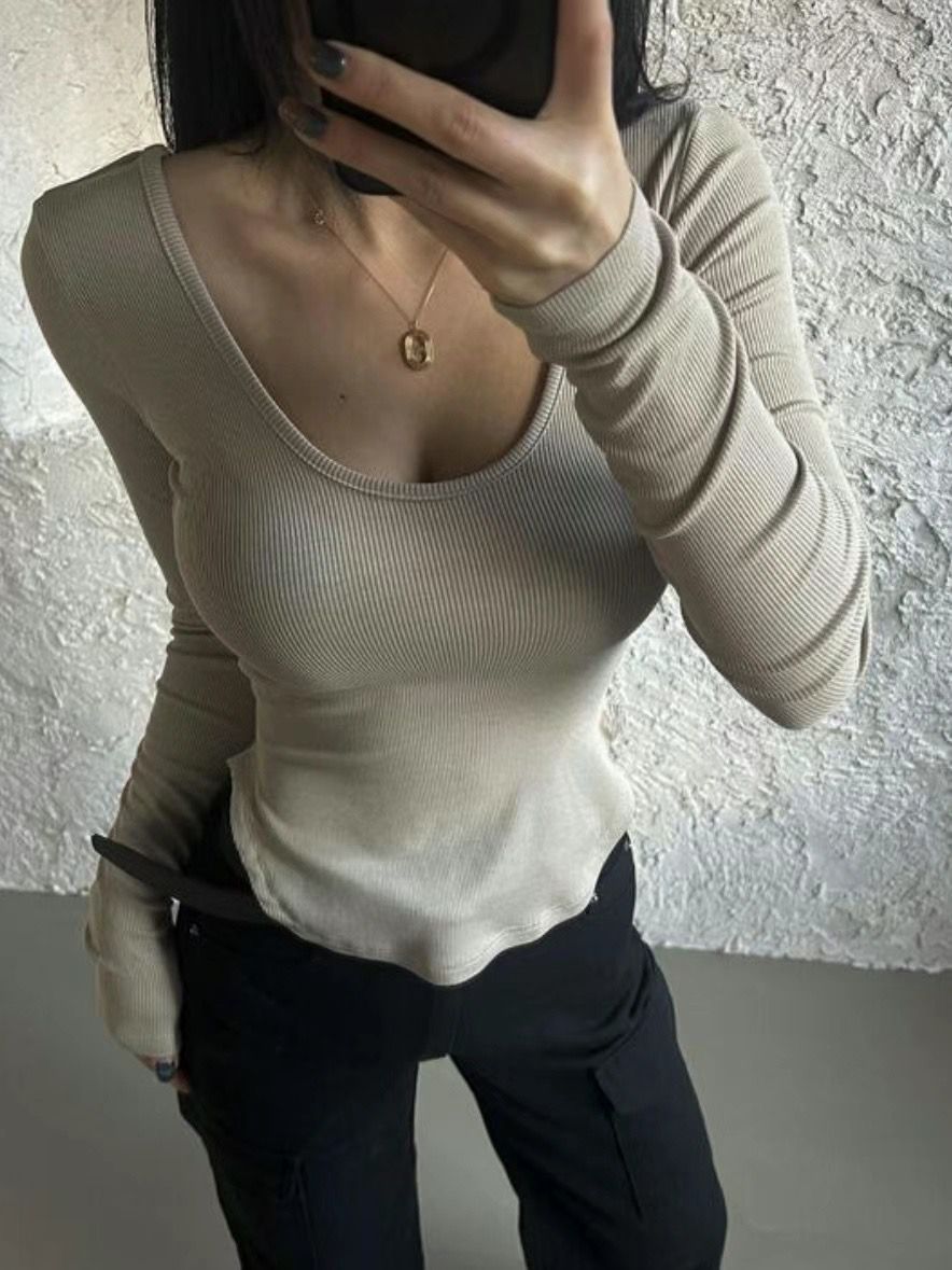 Ribbed Knit Scoop Neck Long Sleeved T-shirt *6 Colors