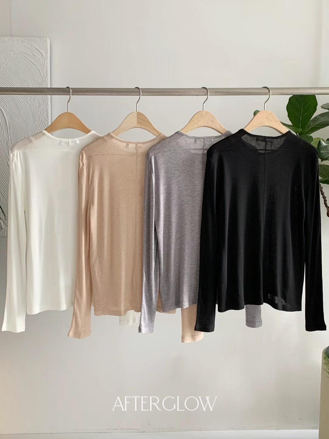 Round Neck Knitted Long Sleeved Thin T-shirt *4 Colors